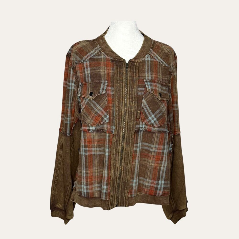 Oli & Hali Mixed Media Washed Plaid Zip Bomber Jacket, Size Medium